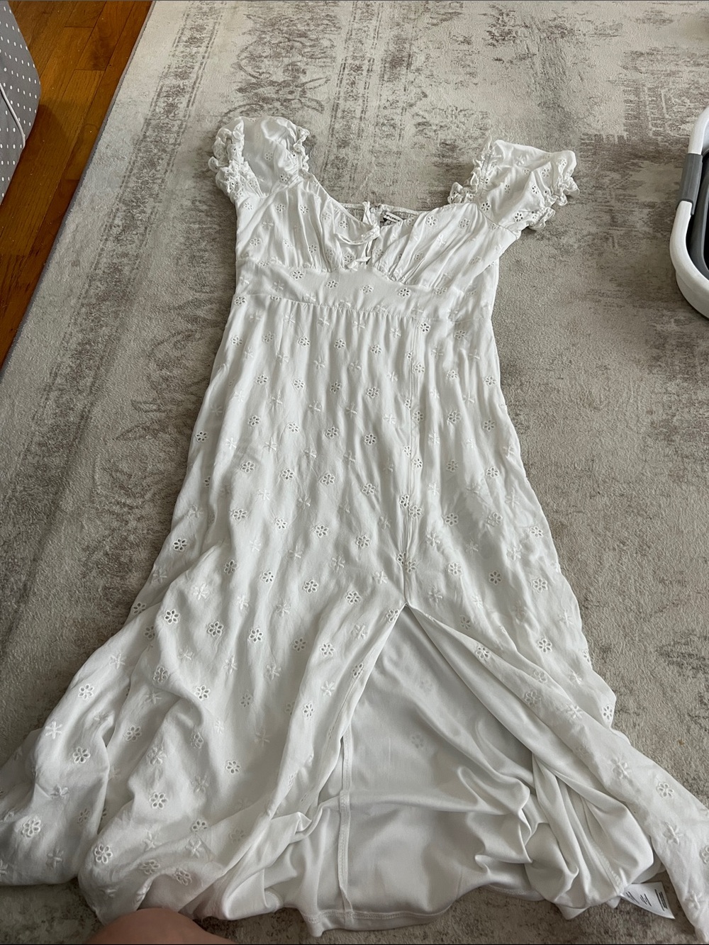 White Eyelet Midi Dress with Ruffle Sleeves